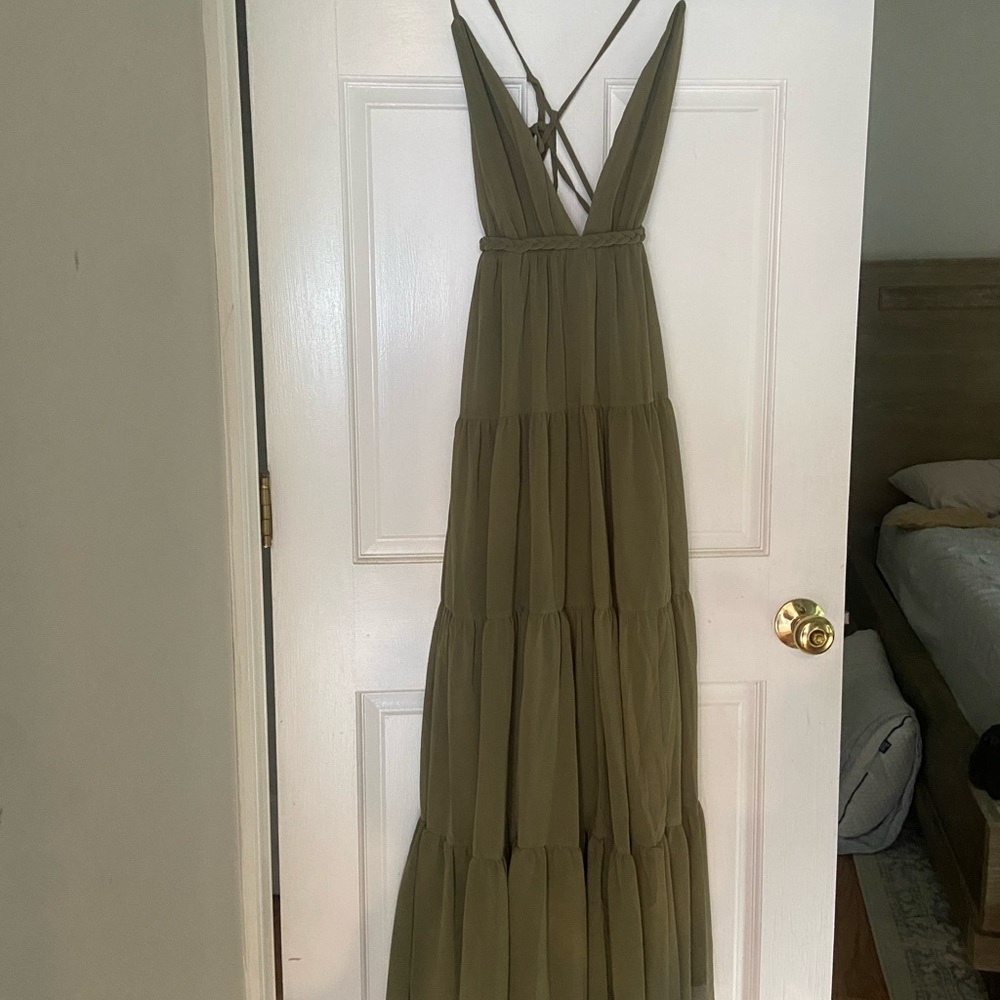 Greek inspired romantic olive green maxi dress